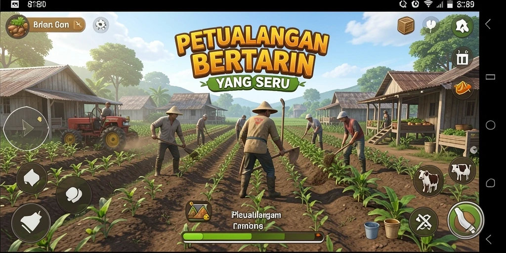 Tampilan gameplay 8180 dengan ladang pertanian yang subur dan tanaman berwarna-warni.