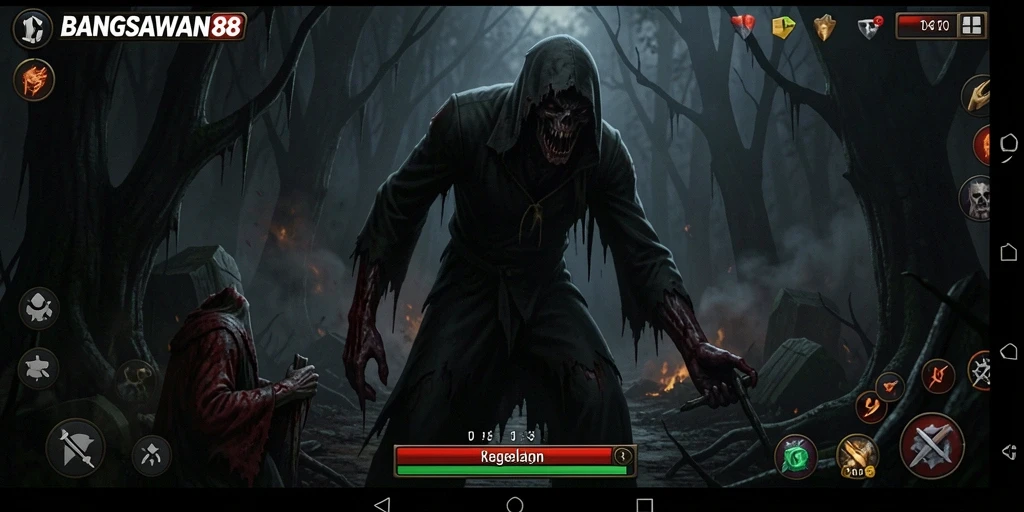 Tangkapan layar gameplay BANGSAWAN88 menunjukkan suasana mencekam dan karakter menyeramkan.