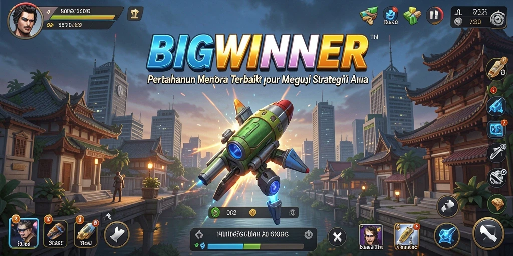 Tangkapan layar gameplay BIGWINNER menunjukkan pertarungan menara yang intens dan strategis.