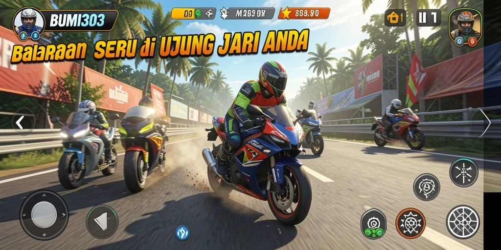 Menampilkan gameplay seru dalam BUMI303 dengan balapan motor.