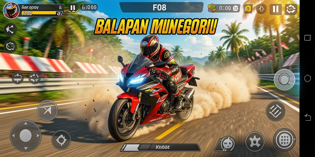Tangkapan layar F08 dengan aksi balapan motor yang intens.