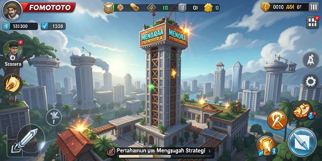Tampilan gameplay FOMOTOTO yang seru dalam pengaturan Tower Defense.