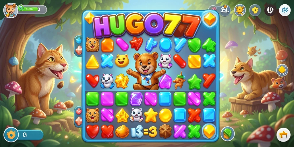 Tampilan gameplay seru dalam HUGO77 dengan warna-warni permata.
