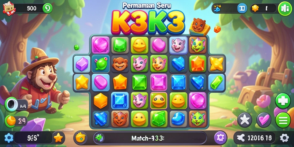 Tangkapan layar K3K3 menunjukkan gameplay seru Match-3 yang penuh warna.