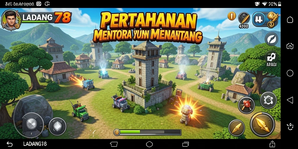 Tampilan gameplay menawan di LADANG78 dengan menara dan musuh yang beragam.