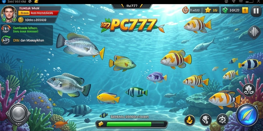 Gameplay seru Tembak Ikan di PC777 dengan ikan berwarna-warni.