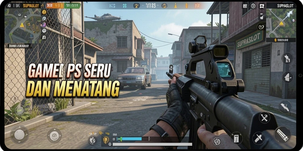 Tampilan gameplay mendebarkan dalam SUPRASLOT sebagai game FPS.